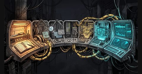 A seven-bay mechanical cockpit curving from an amber-lit journal on the left to cyan broadcast monitors on the right.