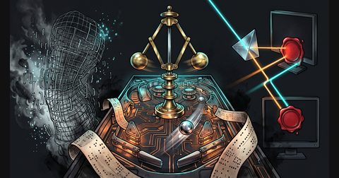 A brass flyball governor above a glowing pinball table on dark obsidian, splitting light into dual network streams.