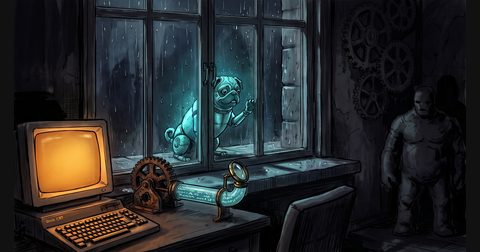 A glowing blue-green pug outside a dark window beside a glowing terminal screen.