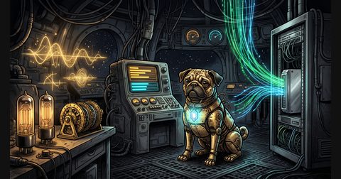 A mechanical brass pug holding a glowing Nix crystal beside a split telemetry console and a wartime cipher rotor.