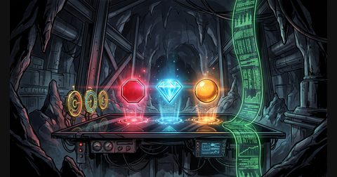Three glowing geometric tokens in red, blue, and orange hover above circular ring gauges on a dark observatory console.