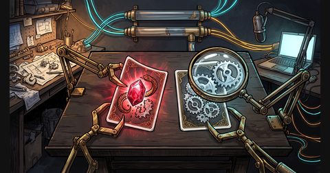 Graphic-novel illustration of a two-card game revealing a mechanical python and brass gears under a red ruby.