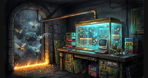 A glowing glass DMZ aquarium in a dark obsidian workshop capturing neon web crawler bots behind a brass threshold.