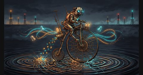 A brass clockwork pug riding a vintage broadcast bicycle across glowing cyan water ripples in a dark slate observatory.
