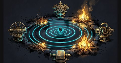 An obsidian pebble dropping into a dark pond whose standing-wave ripples ignite glowing amber kindling along the shore.