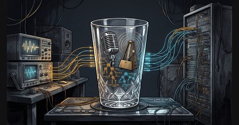 A transparent magician cup over a dark broadcast console revealing glowing syntax tree nodes, a metronome, and soundwaves.