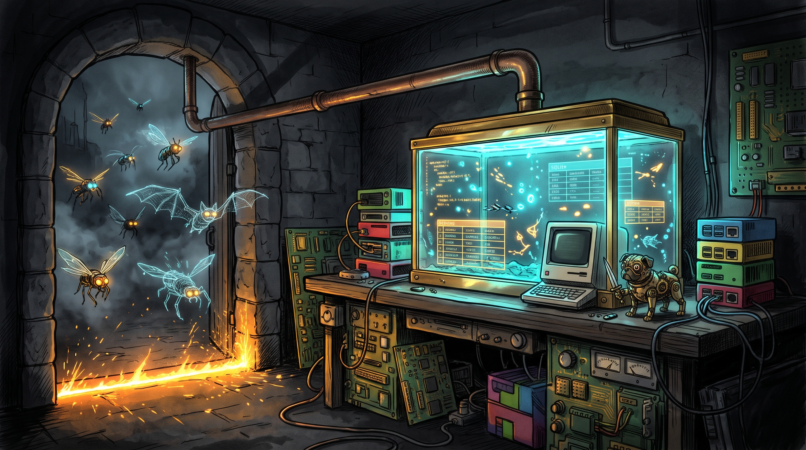 A glowing glass DMZ aquarium in a dark obsidian workshop capturing neon web crawler bots behind a brass threshold.