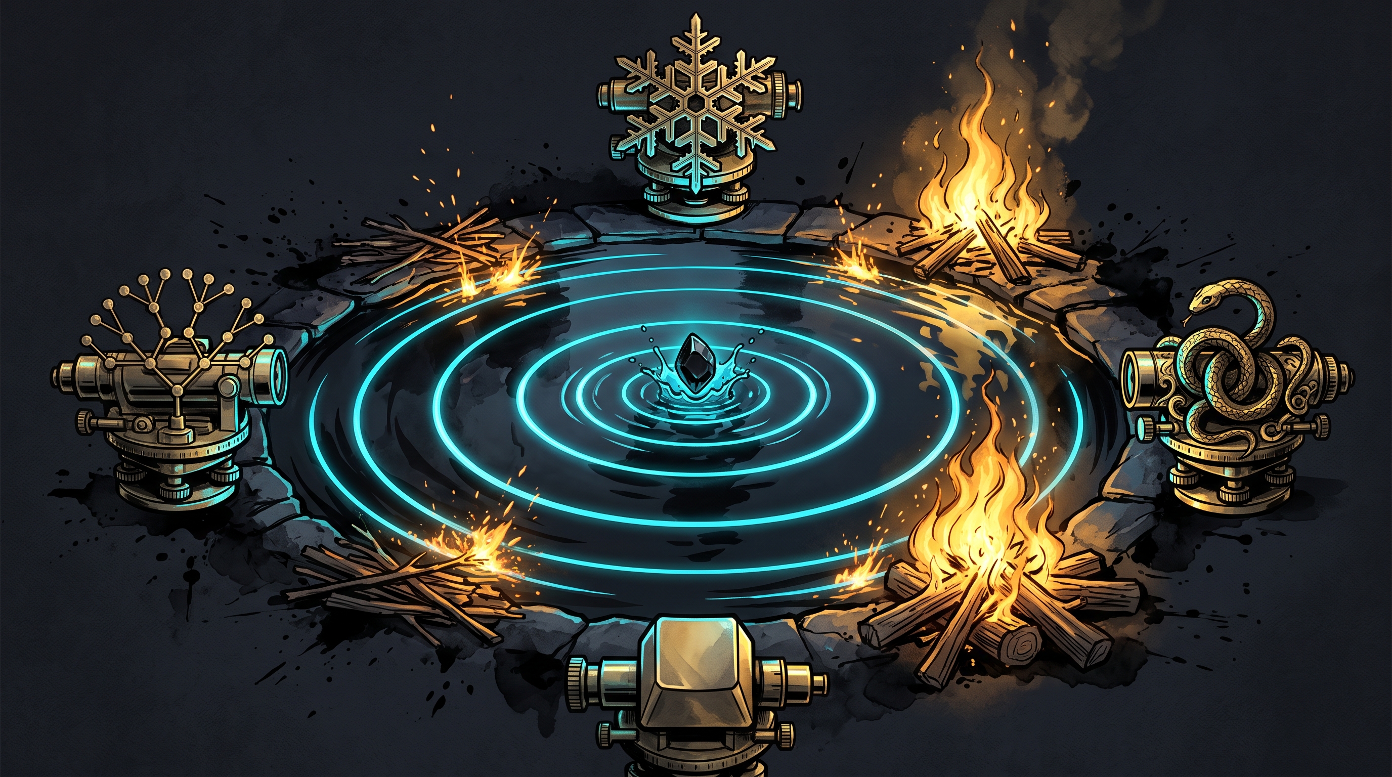 An obsidian pebble dropping into a dark pond whose standing-wave ripples ignite glowing amber kindling along the shore.
