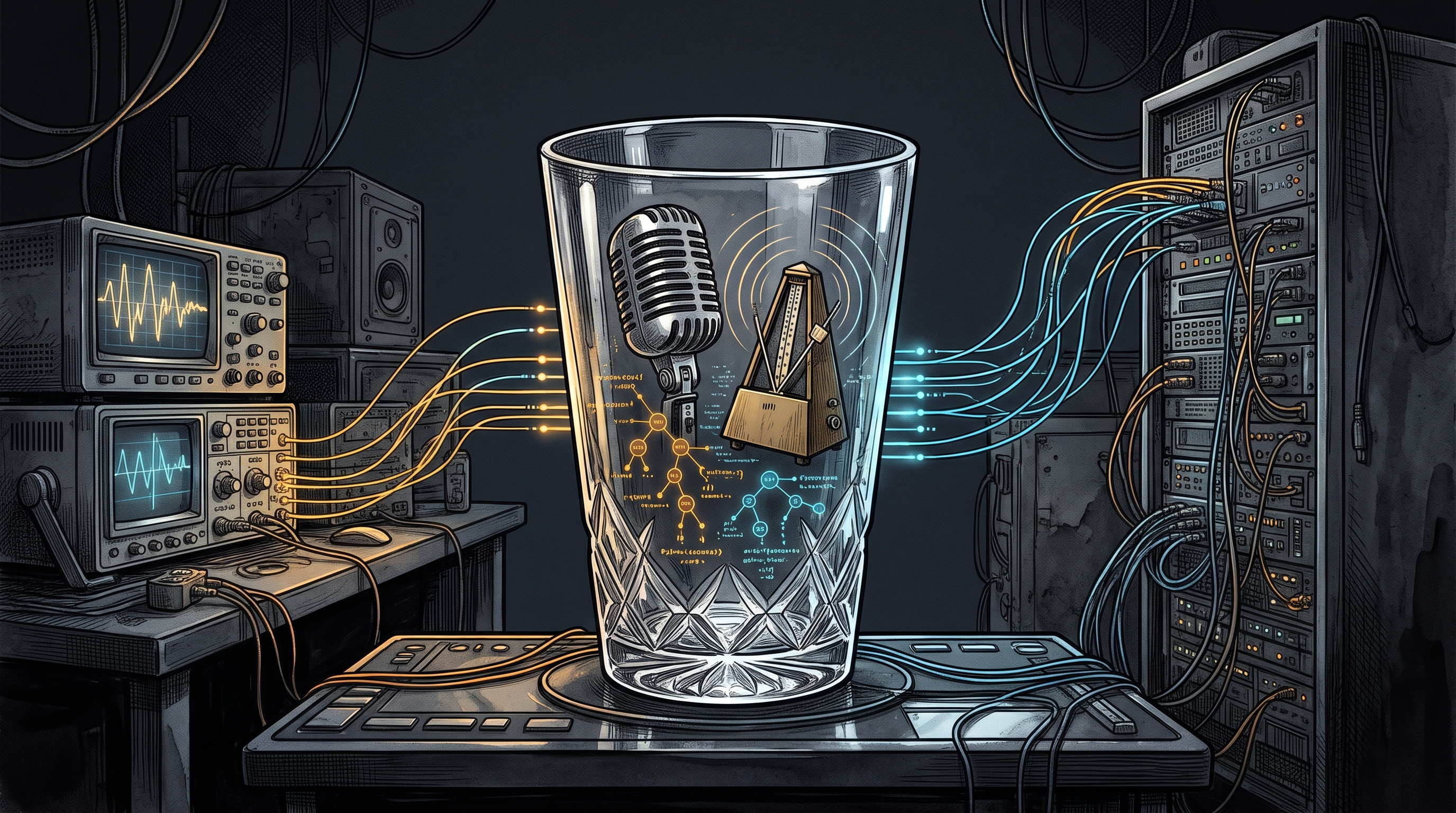 A transparent magician cup over a dark broadcast console revealing glowing syntax tree nodes, a metronome, and soundwaves.