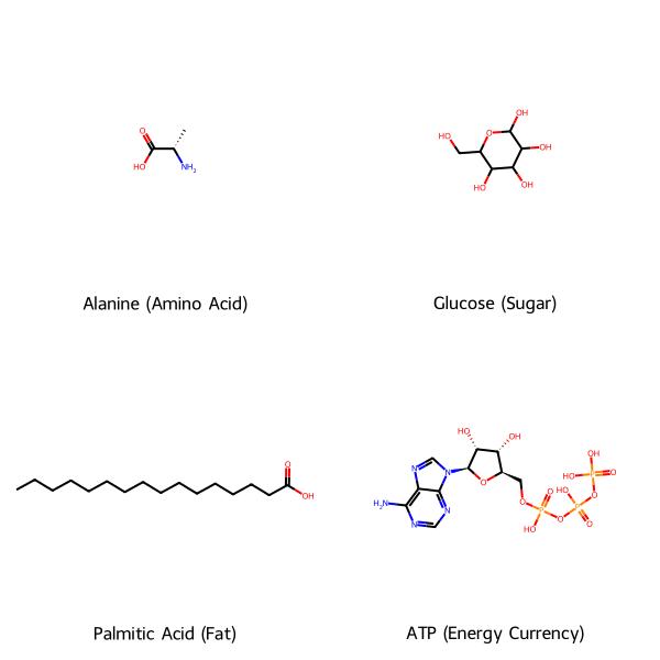 Amino Acid, Sugar, Fat, Energy