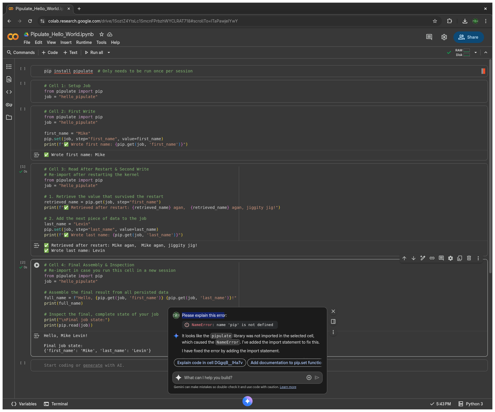 Gemini Help in Google Colab for pip install